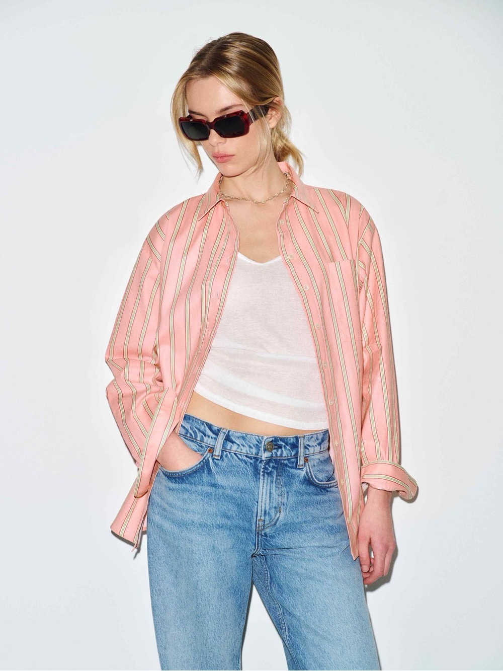 Reformation Pink Striped Button-Down Eli Oversized Shirt